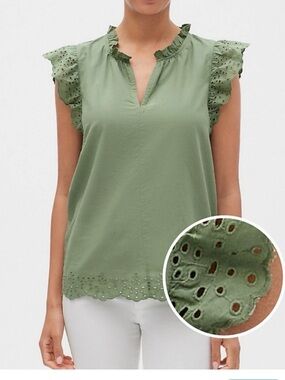 GAP Olive Eyelet Ruffle Sleeve Top